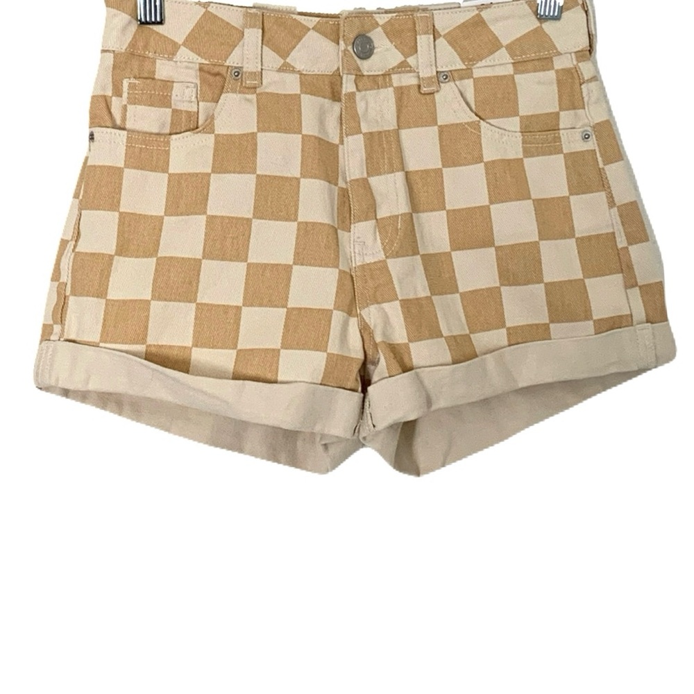 NWT PacSun 24 Beige Cream Checkered High-Rise Cuffed Mom Shorts Summer Casual